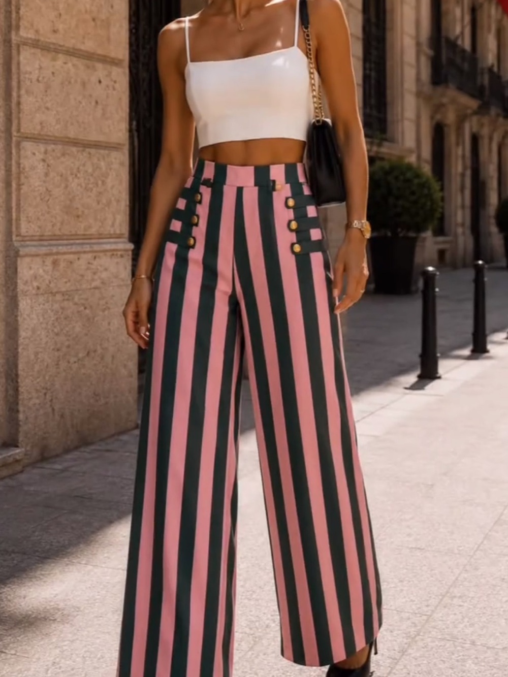 High-Waist Wide Leg Striped Pants - Pink & Dark Green